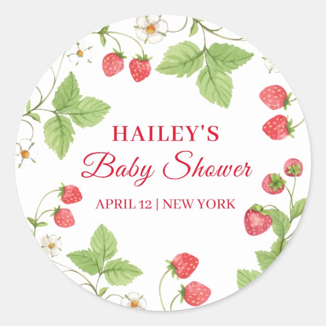 Simple Sweet Greenery Strawberry Baby Shower Runder Aufkleber (Vorderseite)