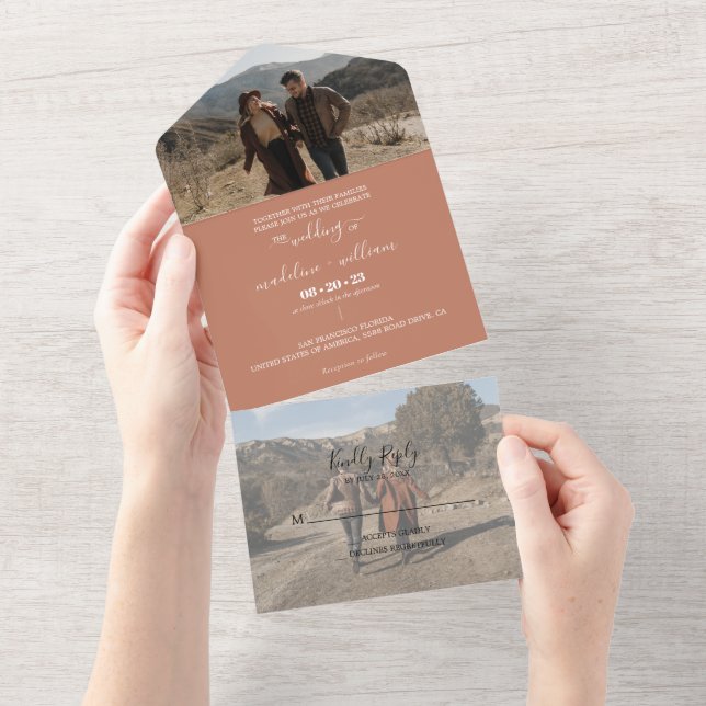 Simple Terracotta Boho Trendy Foto Wedding All In One Einladung (Abreißen)