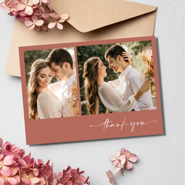 Simple Terracotta Two Foto Wedding Vielen Dank Dankeskarte (Simple Terracotta Two Photo Wedding Thank You Card)