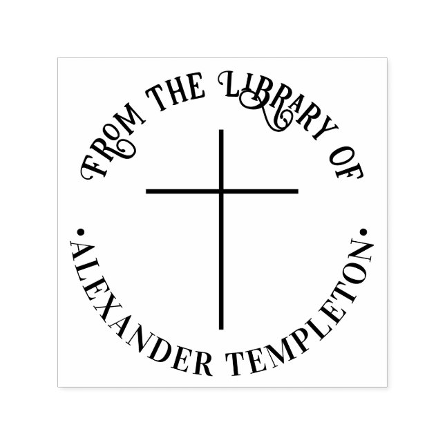 Simple Thin Cross “From the Library of” Book Name Permastempel (Design)