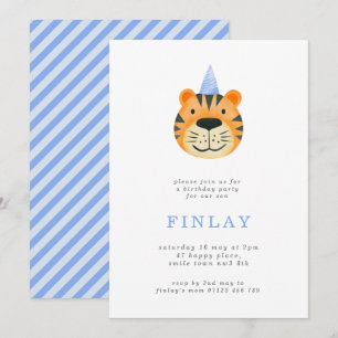 Simple Tiger und Party Hat Blue Birthday Party Einladung