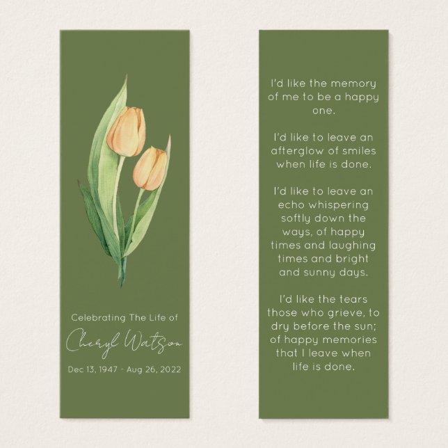 Simple Tulip Funeral Memorial Bookmark (Devant & derrière)