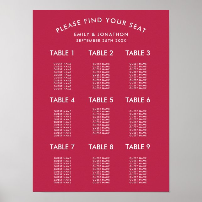 Simple Typography Magenta Wedding Seating Chart Poster (Vorne)