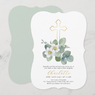Simple verdure Croix Baptême Invitation religieuse