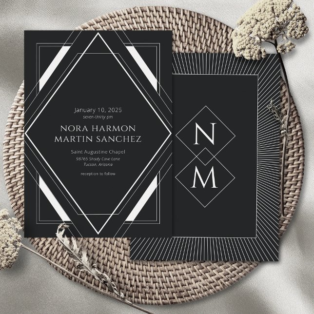 Simple Vintage Déco Black White Invitation (Créateur téléchargé)