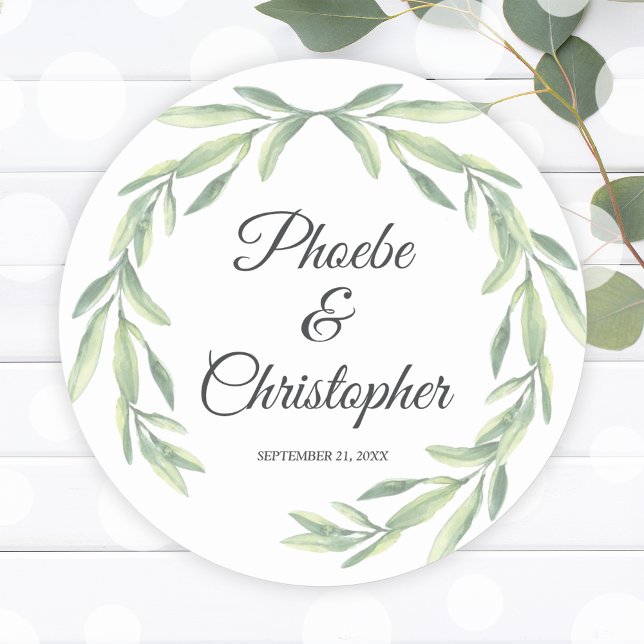 Simple Watercolor Laurel Wreath Greenerity Wedding Runder Aufkleber (Simple Watercolor Laurel Wreath Greenery Wedding Classic Round Sticker)