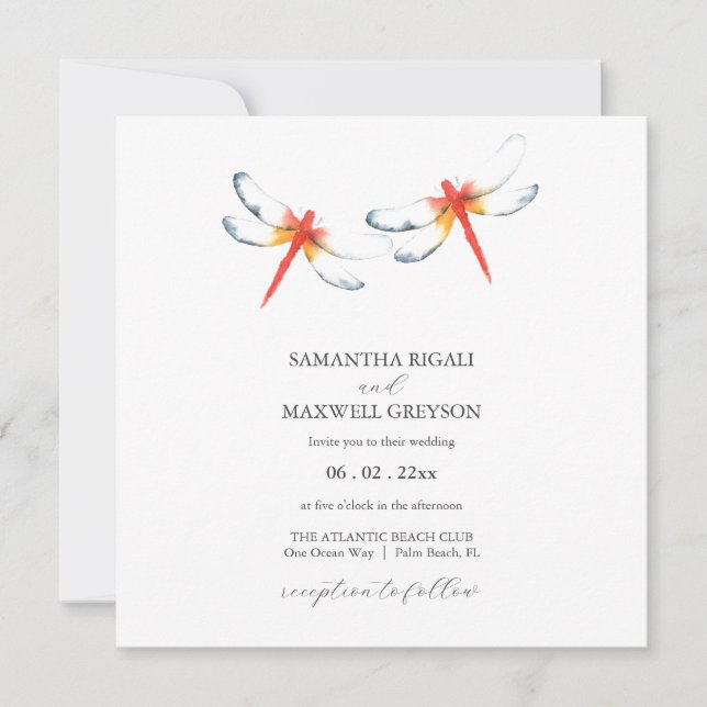 Simple Watercolor Red Dragonfly Wedding Invitation (Devant)