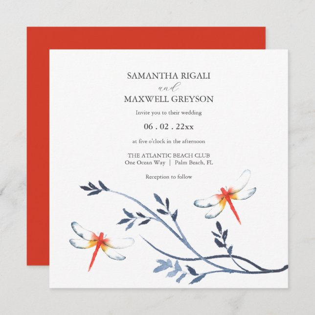 Simple Watercolor Red Dragonfly Wedding Invitation (Devant / Derrière)