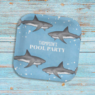 Simple Whimsical Pool Party Haie Blauer Ozean Pappteller
