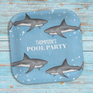 Simple Whimsical Pool Party Haie Blauer Ozean Pappteller