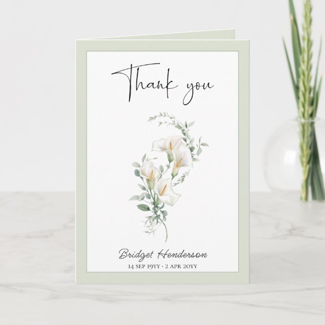 Simple White Calla Lily Eucalyptus Sympathy Dankeskarte (Vorderseite)