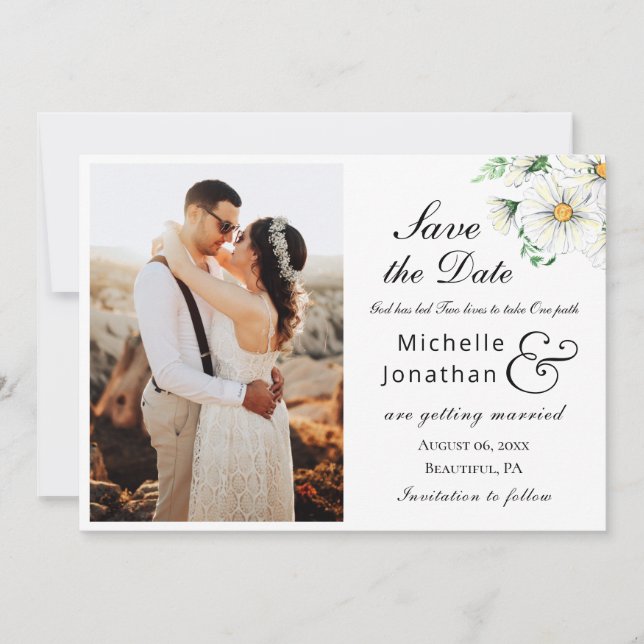 Simple White Daisies Greenery Foto Wedding Save The Date (Vorderseite)