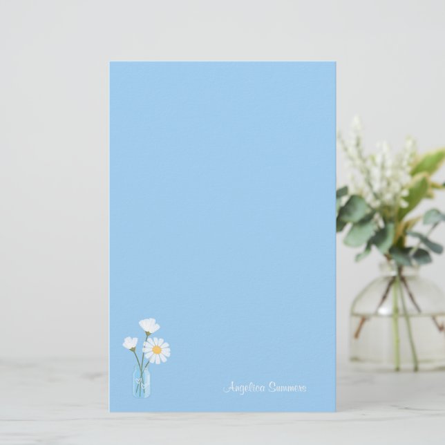 Simple White Daisies Mason Jar Hearts Bouquet Briefpapier (Stehend Vorderseite)