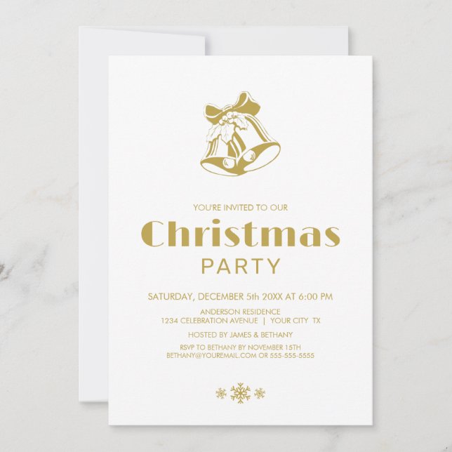 Simple White Gold Christmas Bells Party Einladung (Vorderseite)
