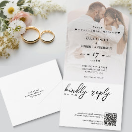 Simple White Newlywed Photo QR Code Wedding All In One Einladung