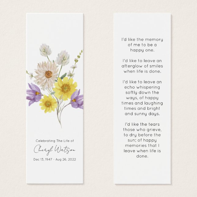 Simple Wildflower Funeral Memorial Bookmark (Devant & derrière)