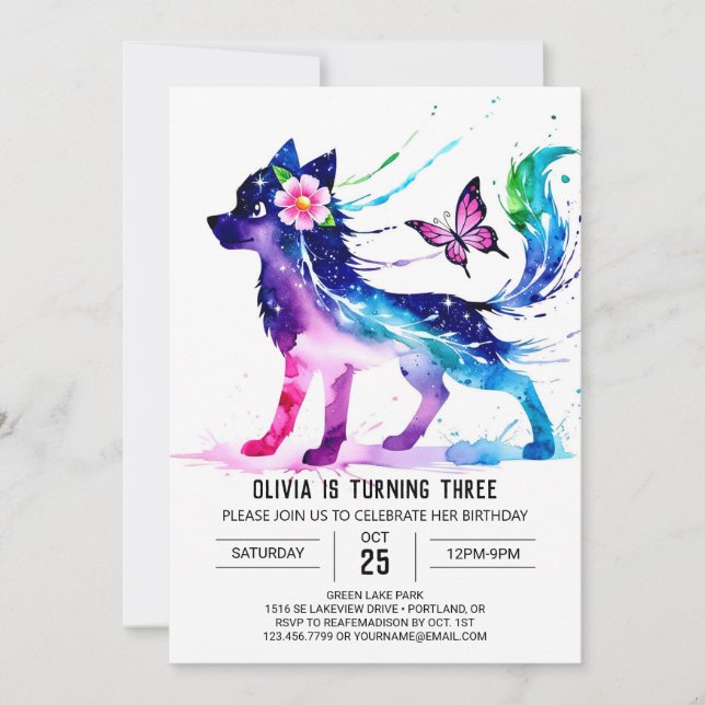 Simple Woodland Wolf Digital Girl Geburtstag Einladung (Vorderseite)