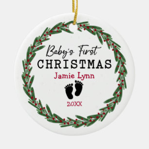 Simple Wreath Red Green Baby's First Christmas Keramik Ornament