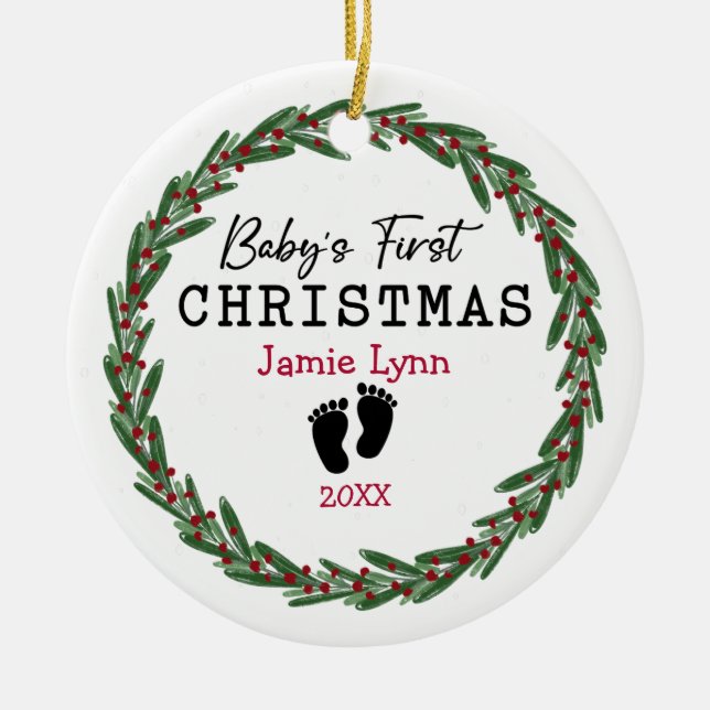 Simple Wreath Red Green Baby's First Christmas Keramik Ornament (Vorne)
