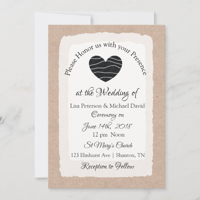 Simples invitations de mariage rustique tan et bla (Devant)