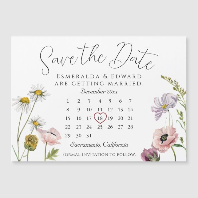 SimpleWild Flower Wedding Calendar Save The Date Magnetkarte (Vorderseite)