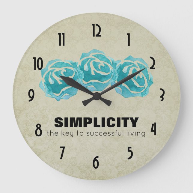 Simplicity Typography Quote with Teal Roses Große Wanduhr (Vorderseite)