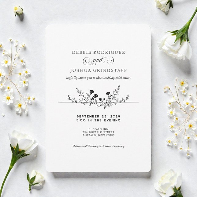 Simplistic Black White Floral Wedding Invitation  Einladung (Von Creator hochgeladen)