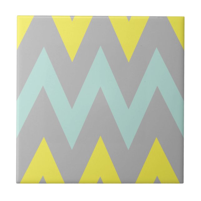 Simplistisches Blau, Gelb und Grau Zickzack Fliese (Vorderseite)