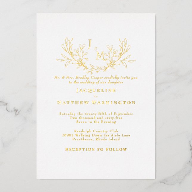 Simply Elegant  Foliage White Wedding Gold Folieneinladung (Vorderseite)