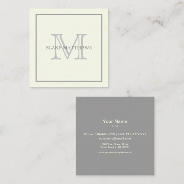Simply Elegant Ivory Gray Custom Monogram Quadratische Visitenkarte (Vorne/Hinten)