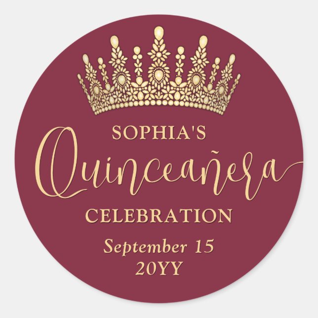Simply Elegant Quinceañera Crown Burgundy and Gold Runder Aufkleber (Vorderseite)