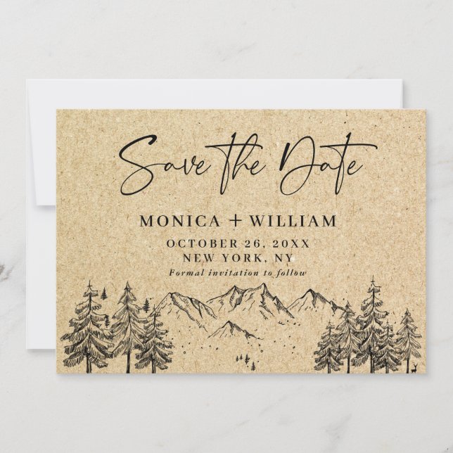 Simulierte Kraft Papier Hand Drawn Mountain Hochze Save The Date (Vorderseite)