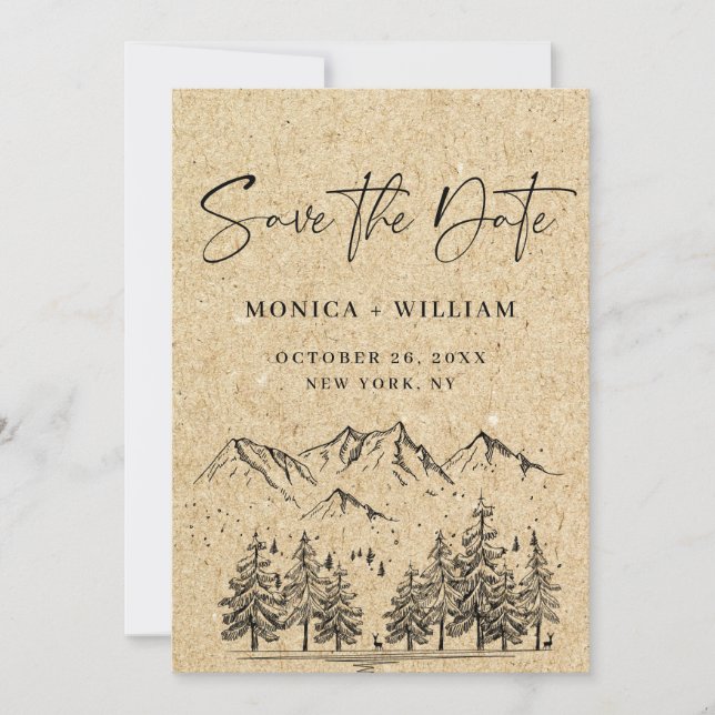 Simulierte Kraft Papier Hand Drawn Mountain Hochze Save The Date (Vorderseite)