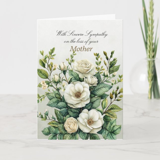 Sincere Beileid White Green Rose Sympathie Karte (Vorderseite)
