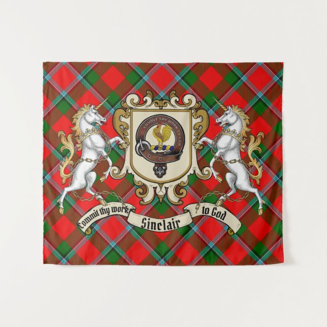 Sinclair Clan Abzeichen & Unicorns w/Tartan Wandteppich (Vorderseite (Horizontal))