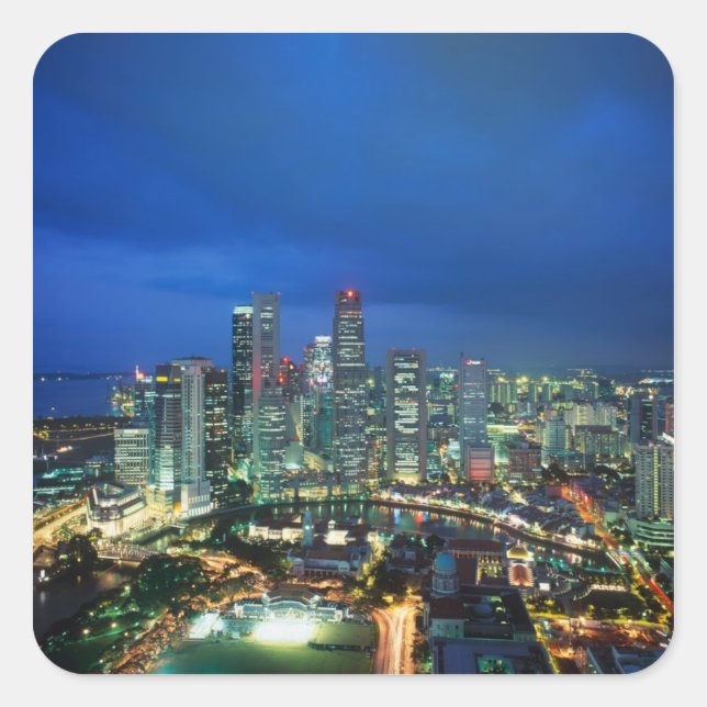 Singapore Skyline bei Nacht, Singapur Quadratischer Aufkleber (Vorderseite)