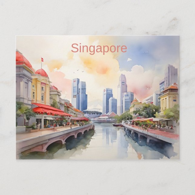 Singapur Aquarell-Kunst Postkarte (Vorderseite)