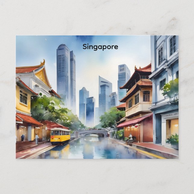 Singapur Aquarell-Kunst Postkarte (Vorderseite)