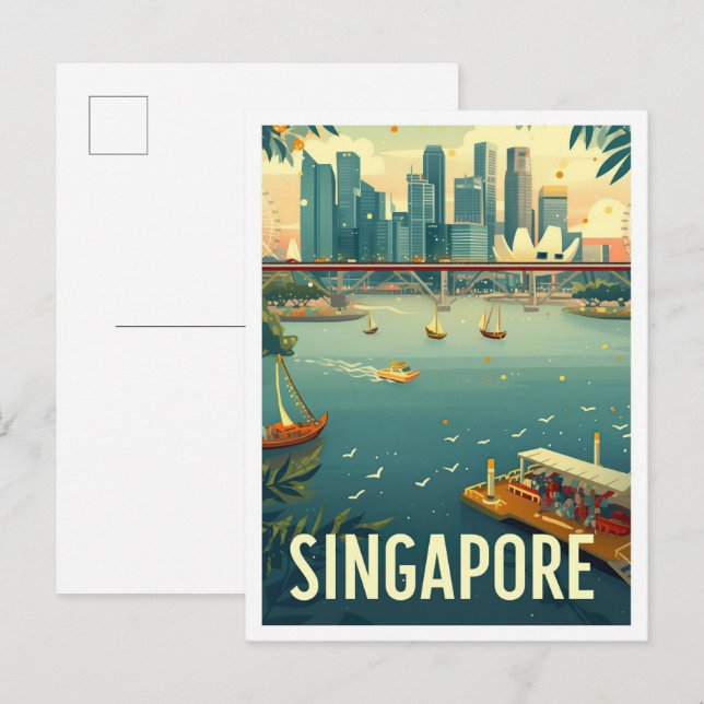 Singapur Art Vintage Travel Illustration Postkarte (Vorne/Hinten)
