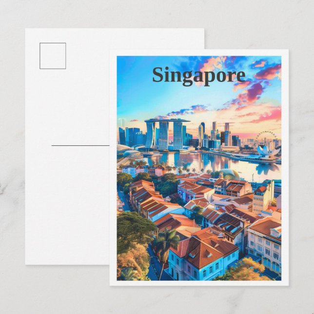 Singapur Art Vintage Travel Postkarte (Vorne/Hinten)