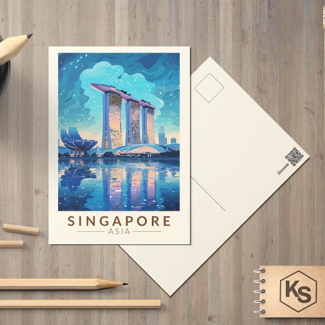 Singapur Marina Bay Night Travel Art Vintag Postkarte (Von Creator hochgeladen)