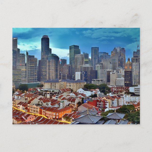 Singapur-Skyline bei Sonnenuntergang aus China Postkarte (Vorderseite)