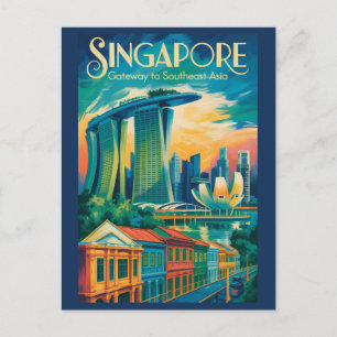Singapur Skyline Illustration Reise Kunst Vintage Postkarte