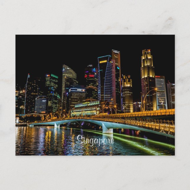 Singapur Skyline, Nachtlicht Postkarte (Vorderseite)