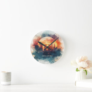 Singapur Stadt Retro-Aquarell-Skyline Runde Wanduhr