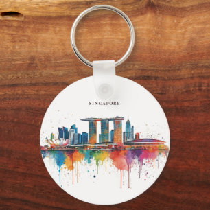 Singapur Stadt Retro-Aquarell-Skyline Schlüsselanhänger