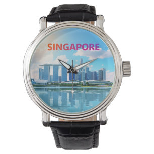 Singapur Stadt Retro-Skyline Armbanduhr