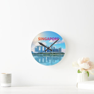 Singapur Stadt Retro-Skyline Runde Wanduhr