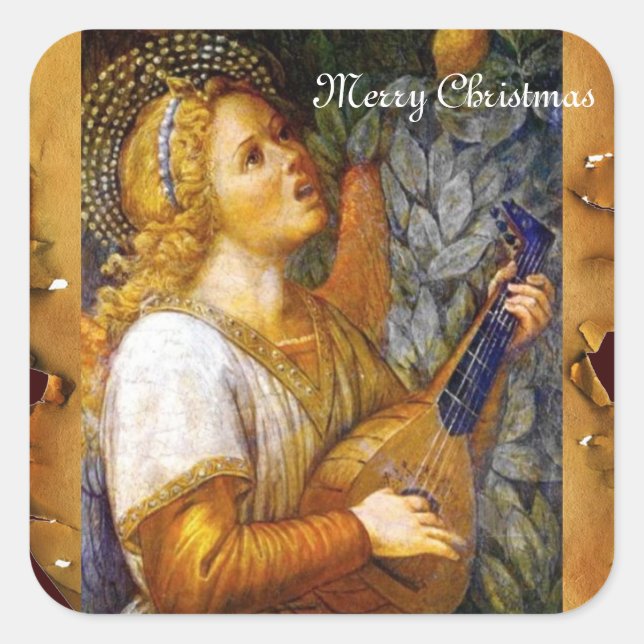 SINGCHRISTMAS ANGEL MACHEN MUSIK ALTE PARCHMENT QUADRATISCHER AUFKLEBER (Vorderseite)