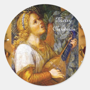 SINGCHRISTMAS ANGEL MACHEN MUSIK ALTE PARCHMENT RUNDER AUFKLEBER